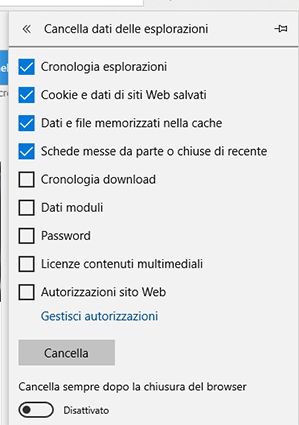 Eliminare cache e cookie Edge