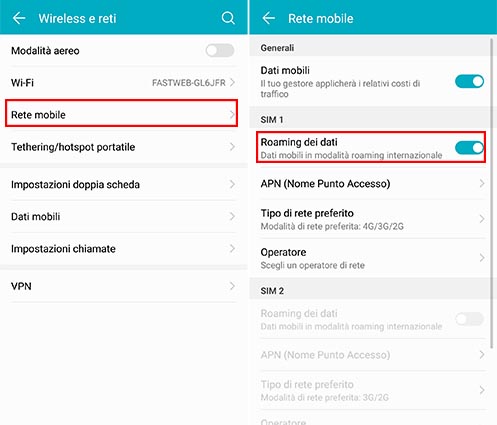 Disattivare roaming Android