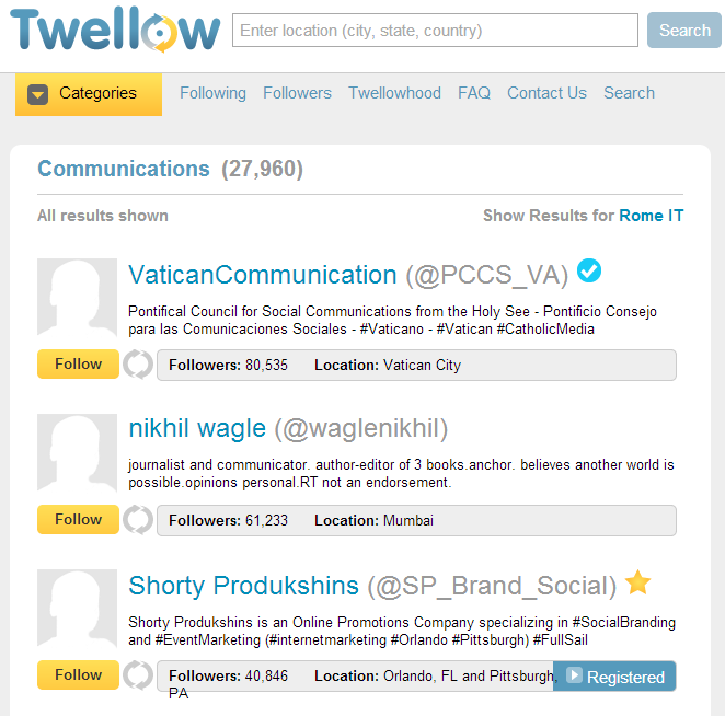 Risultati di una ricerca in Twellow