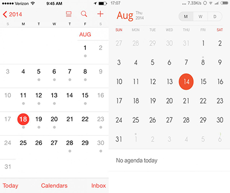 A sinistra il calendario Apple, a destra il calendario Xiaomi