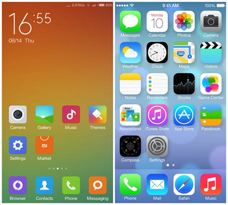 A destra l'usuale homescreen iOS, a destra l'homescreen MIUI senza app drawer