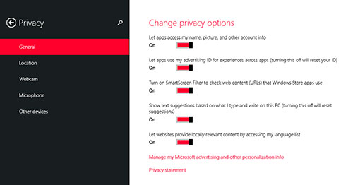 Impostazioni privacy Windows 8