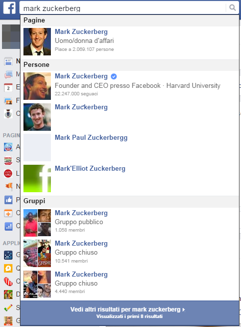 Barra di ricerca di Facebook