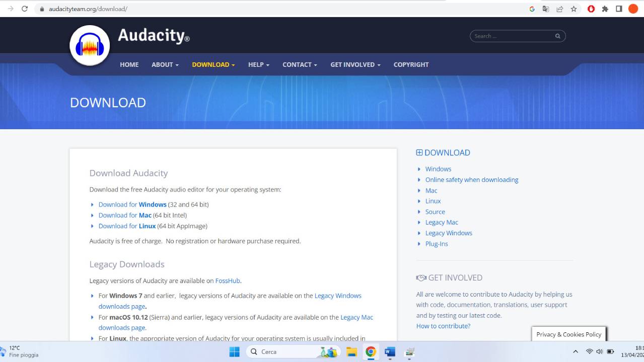 home page sito Audacity
