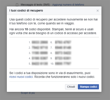 Codici backup Facebook