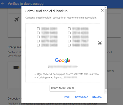 Codici backup Google