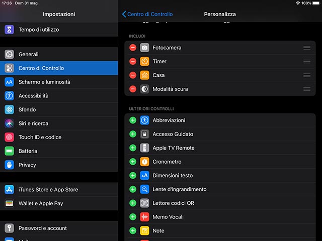 accedere centro di controllo ipad