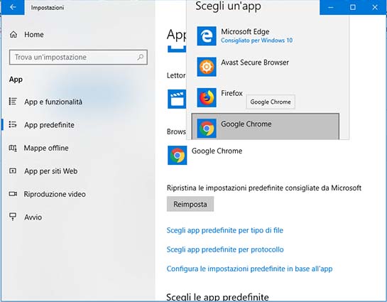 Cambiare app predefinite su Windows