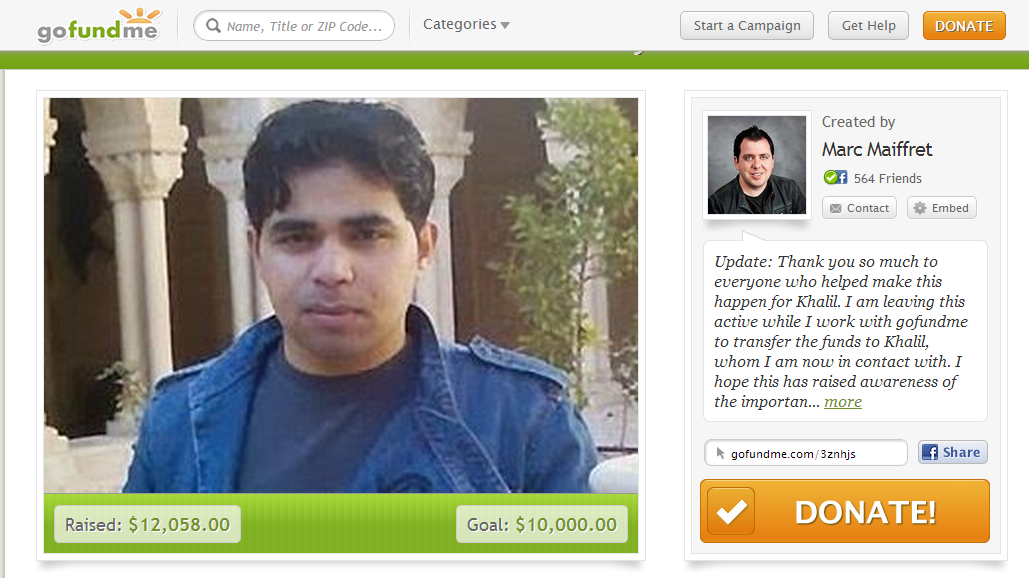 La campagna di crowdfunding per ricompensare Khalil Shreateh