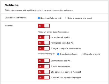 Gestire notifiche Pinterest