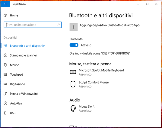 Impostazioni Bluetooth Windows 10