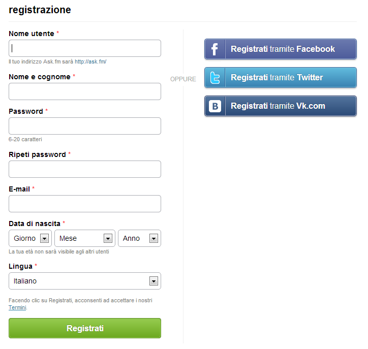 Form di registrazione di Ask