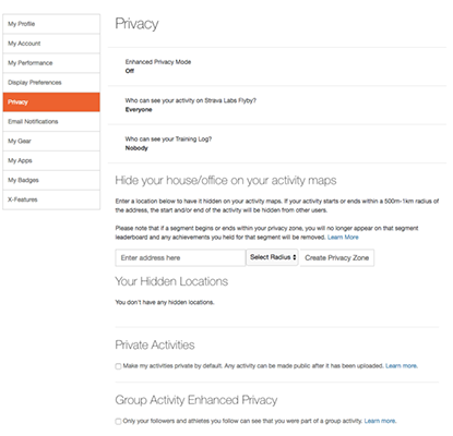 Pannello di controllo privacy Strava
