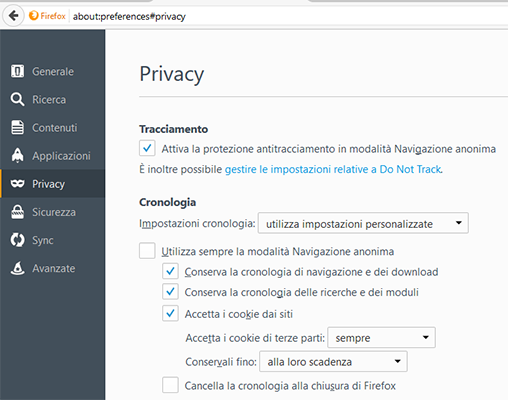 Gestione cookie con Firefox