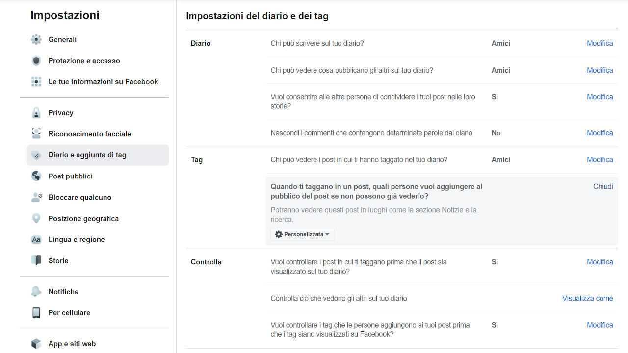 facebook impostazioni diario