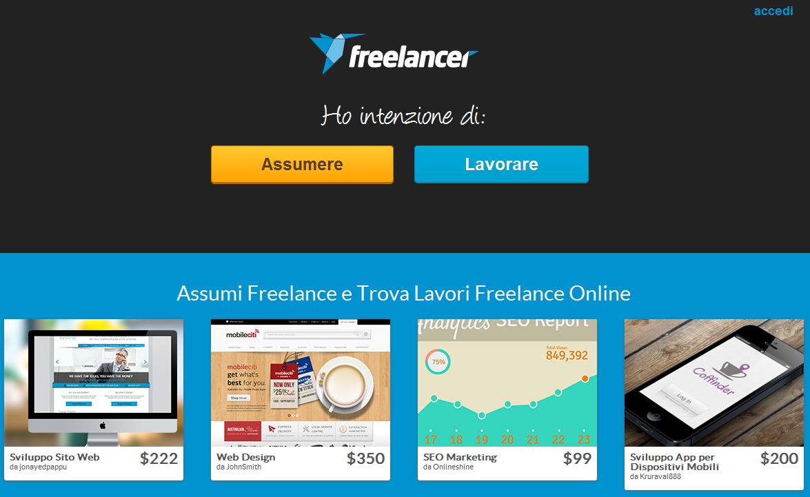La homepage di freelancer.com