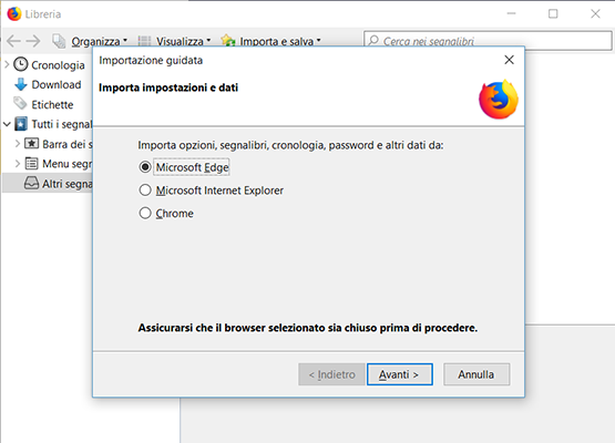 importa dati firefox quantum