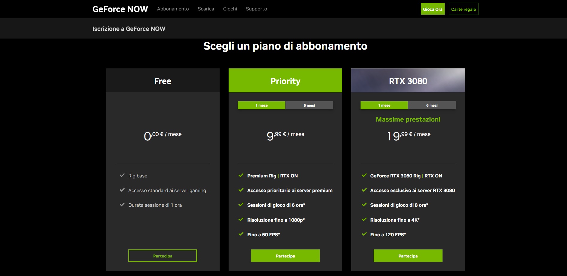 Piani di abbonamento GEFORCE NOW