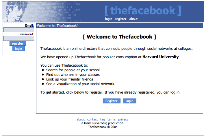 La prima home page di TheFacebook