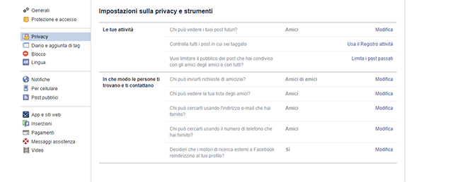 impostazioni facebook