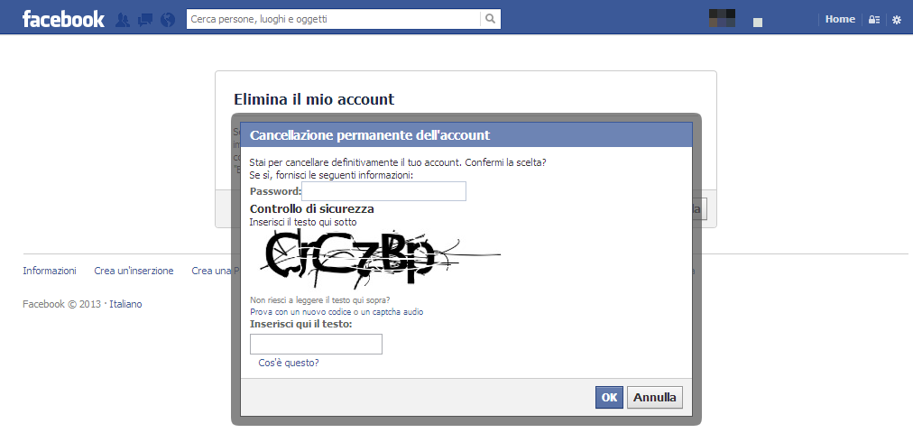 I campi da riempire per cancellarsi da Facebook