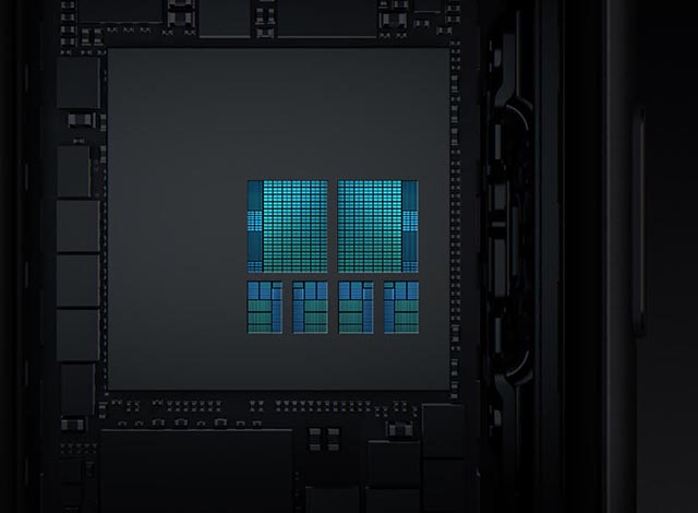 Rendering dell'A11 Bionic: in alto si notano i due processori principali, in basso i 4 coprocessori