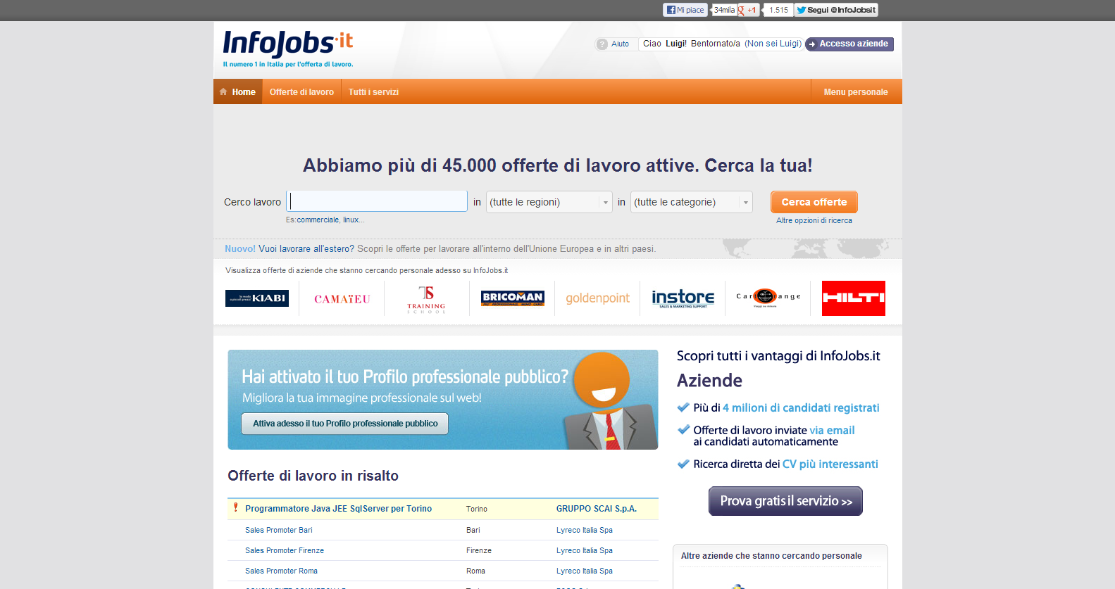 Schermata principale del portale infojobs.it
