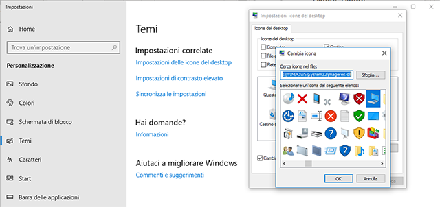 Cambiare icone desktop windows 10