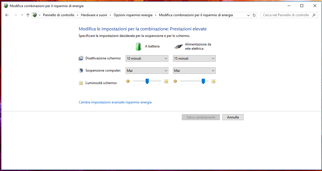 Modifica impostazioni risparmio energetivo Windows 10