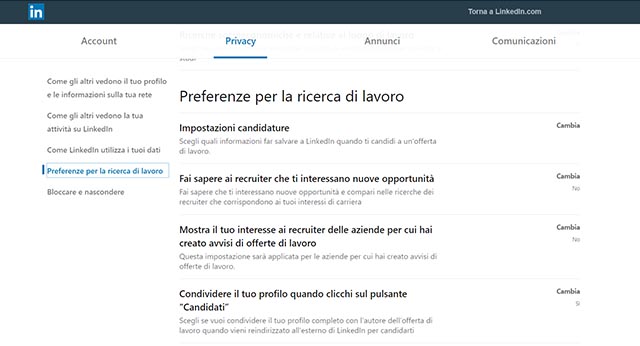 linkedin preferenze