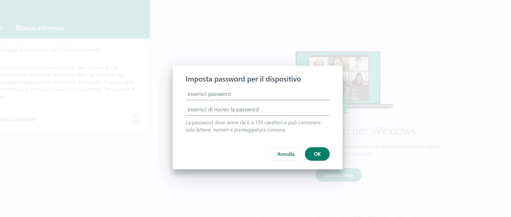 blocco schermo whatsapp web