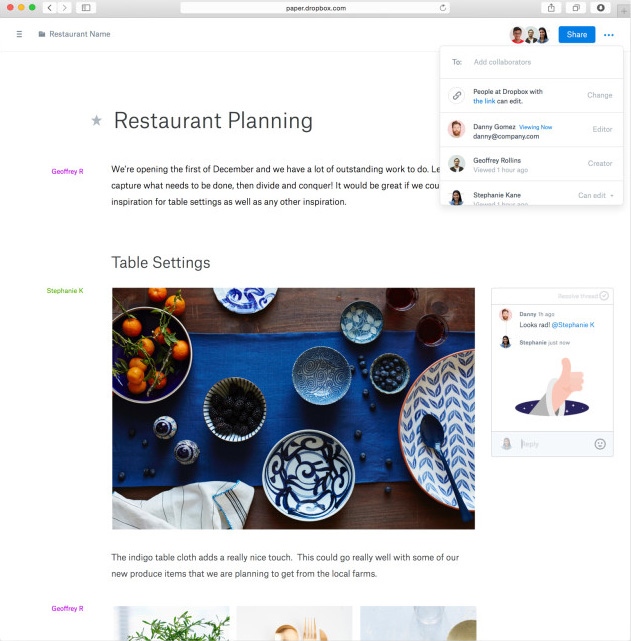 Interfaccia minimalista per Dropbox Paper