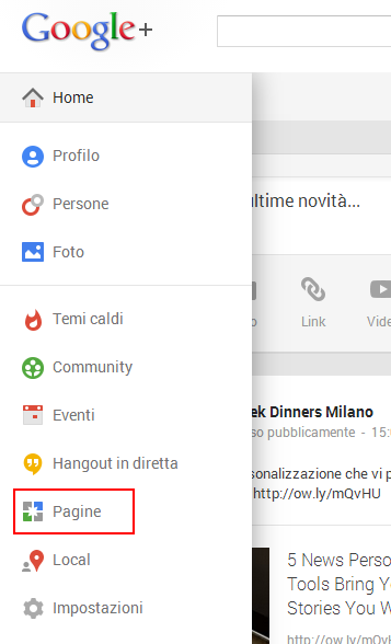 Primo passaggio per creare una pagina Google+