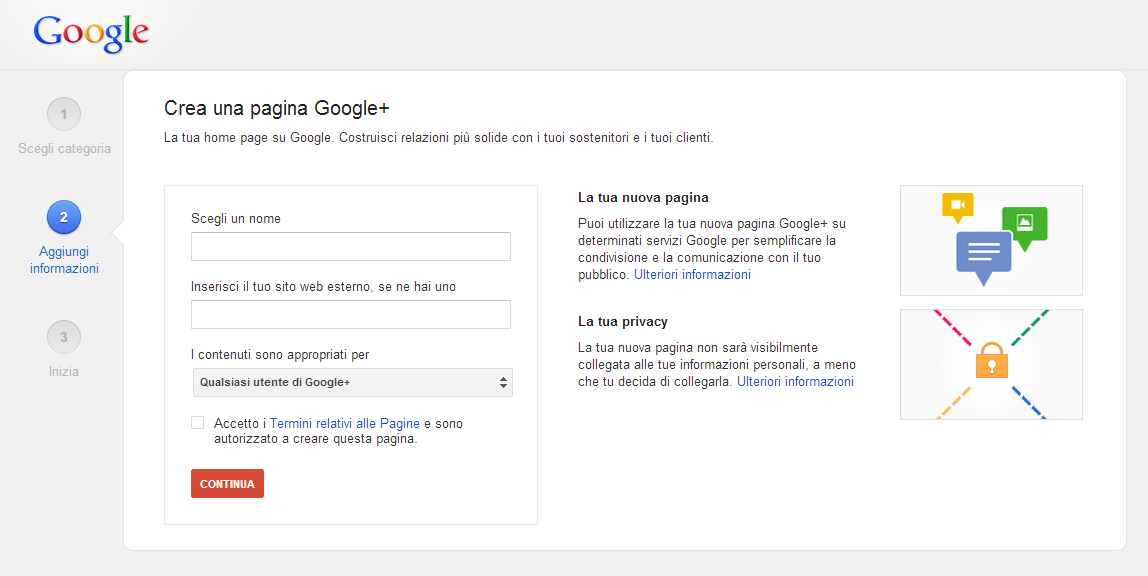 Secondo passaggio per creare una pagina Google+