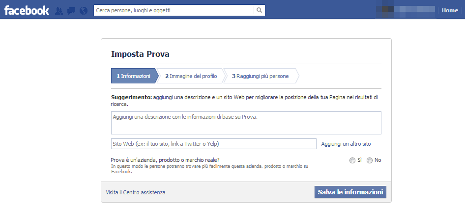 Terzo passaggio per creare una pagina Facebook