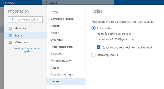 Attivare inoltro su Outlook