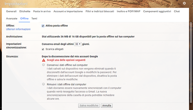 Preferenze Gmail offline