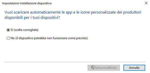 Impostazioni installazione dispositivo