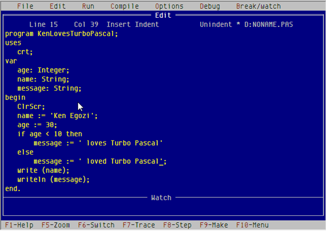 Una schermata di un compilatore Pascal