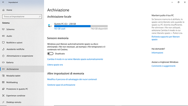 Sensore memoria Windows 10
