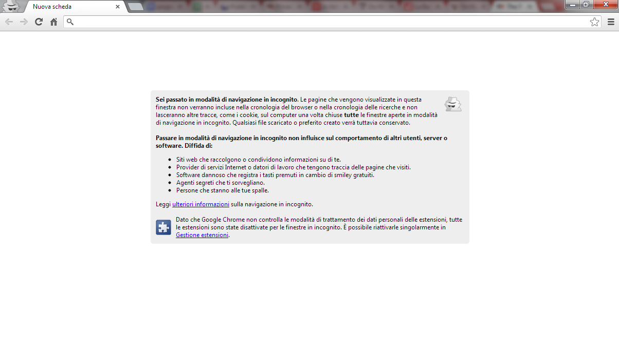 La finestra di default della navigazione anonima in Chrome