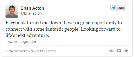 Il tweet di Brian Acton sul suo colloquio con Facebook