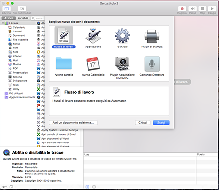 Schermata principale di Automator