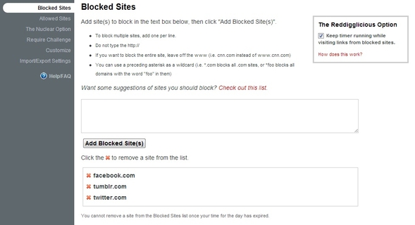 La lista dei siti bloccati