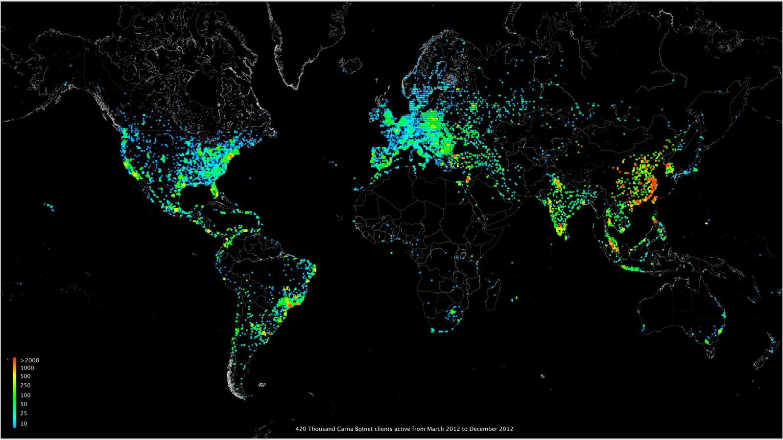 Distribuzione del bot Carna nel 2012