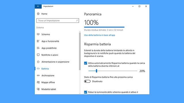 panoramica utilizzo batteria windows 10