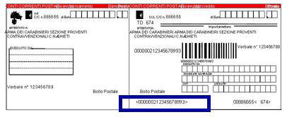 Fac simile del bollettino con evidenziato il numero di obbligazione