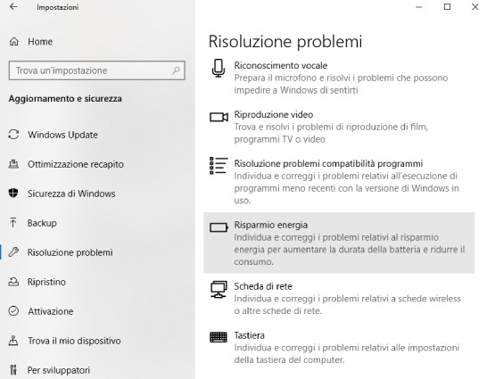 Risoluzione problemi batteria Windows 10