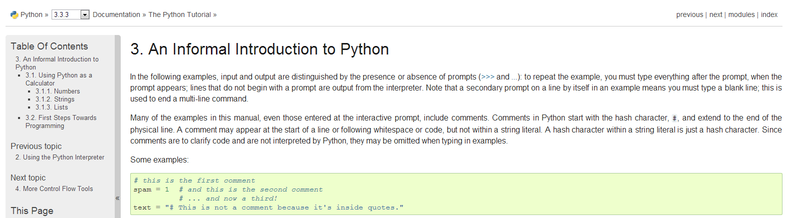 Una sezione del tutorial di Python