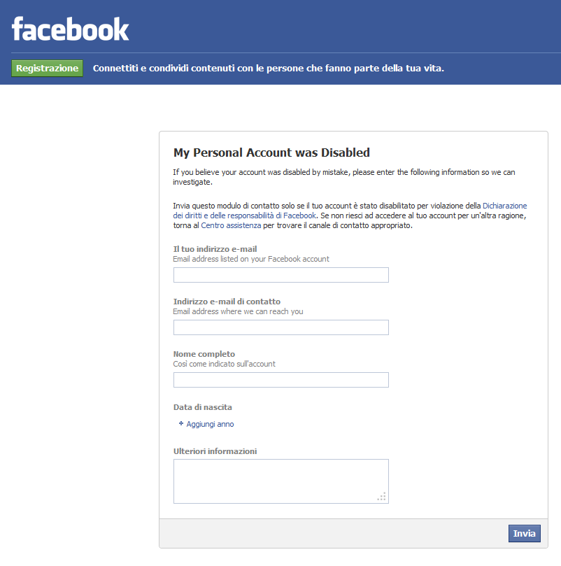 Account disabilitato, ecco il form per chiedere nuovamente l'abilitazione